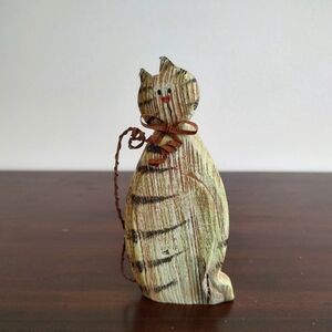 Folk Art Cat Natural Wood Block Metal Accent